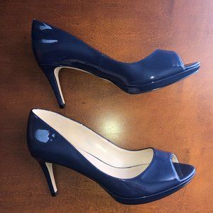 Nine West open toe blue patent leather heels